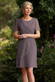 Dusk Ruched Short Chiffon Mother of the Bride Dress with Sleeves